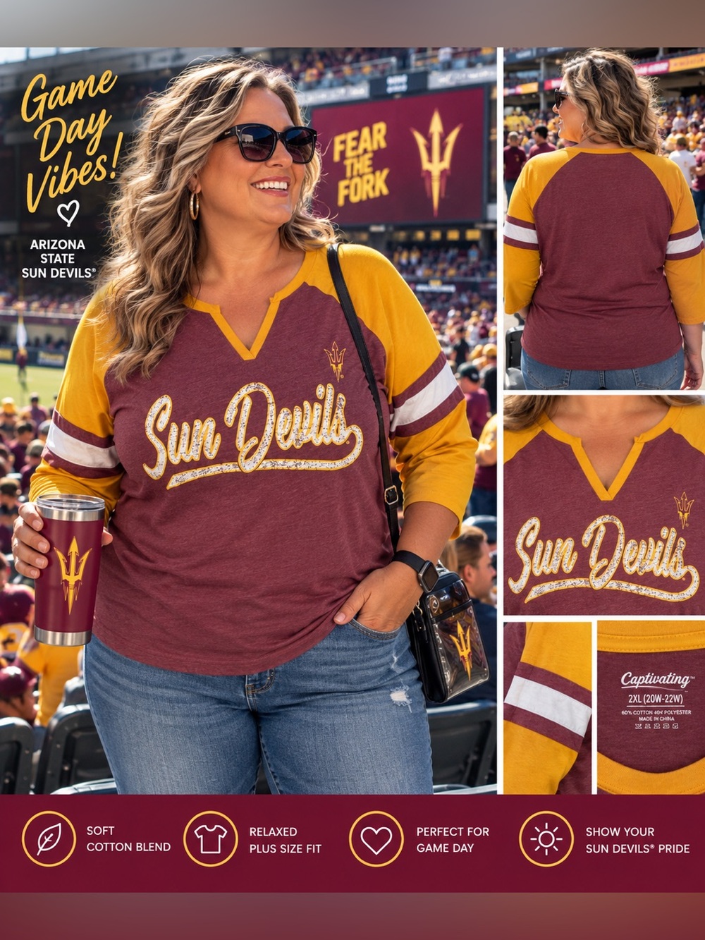 Arizona State Sun Devils Plus-Size Raglan V-Notch Jersey Top - Maroon & Gold